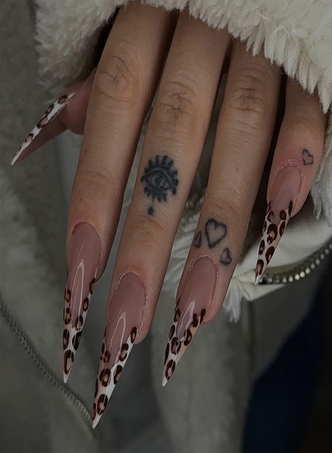 SINHOT Stiletto Press-on Nails, 24pcs Multi-colored Leopard Print Glossy Acrylic Nails, Full Cover Nail, Plastic Material, False Nails - Image 1